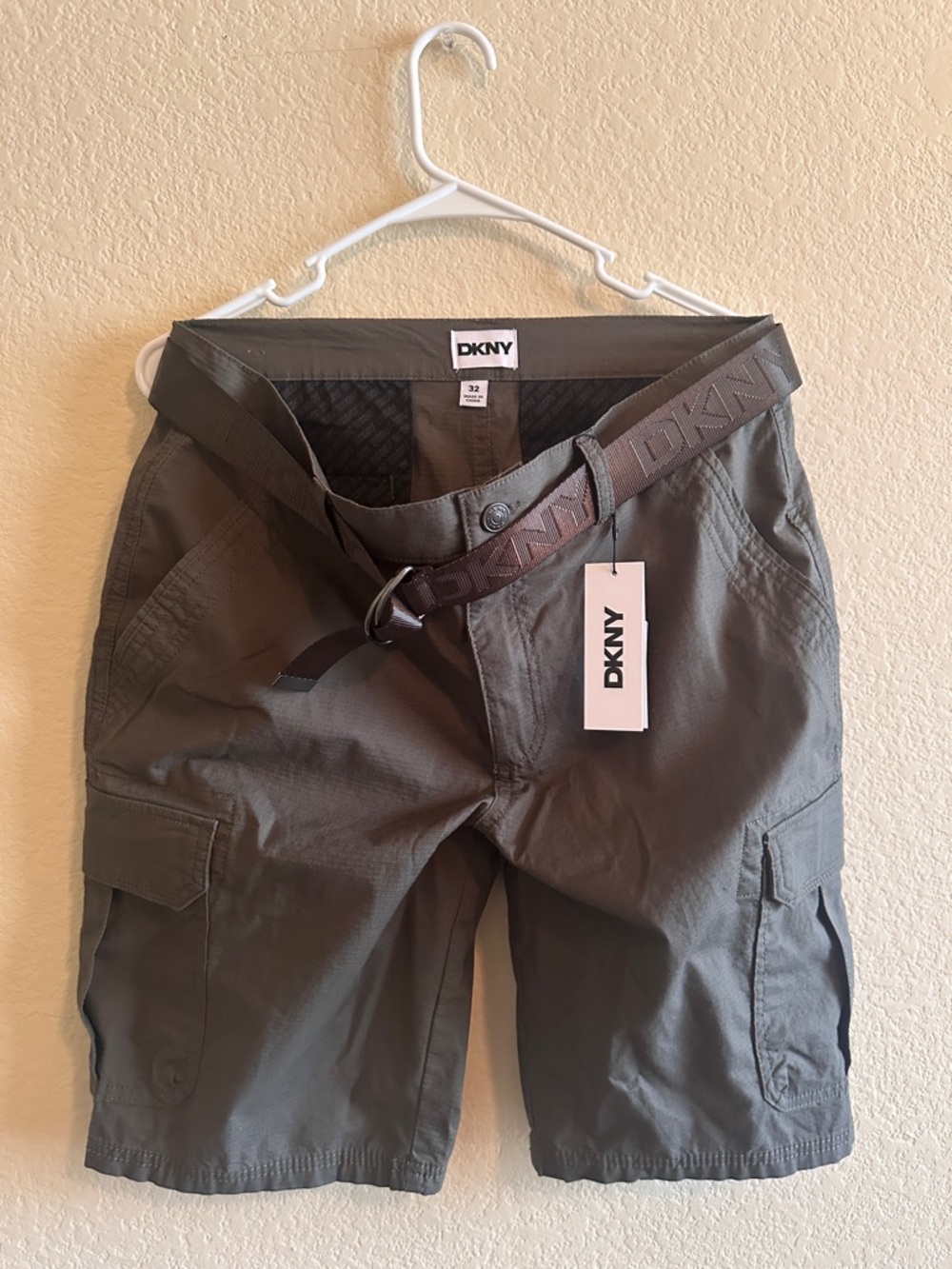 DKNY Men's Olive Green Cargo Shorts with Branded Belt